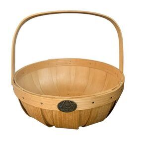 Peterboro Since 1854 Picnic Basket Co Round Wood Fruit Bowl Handle Tan 11" USA